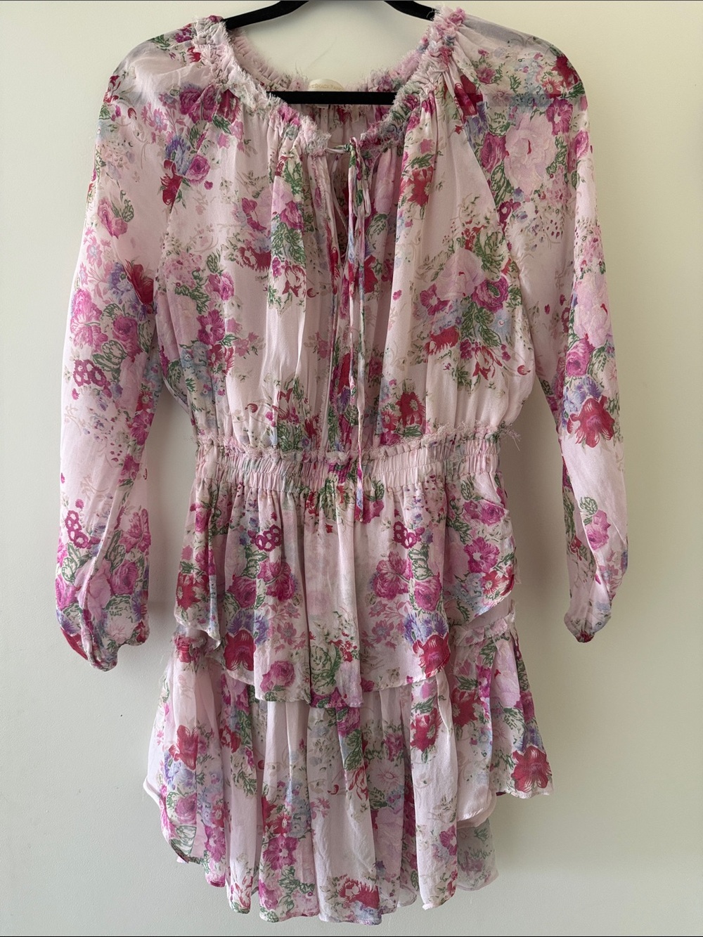 LoveShackFancy Pink Floral Tiered Mini Dress